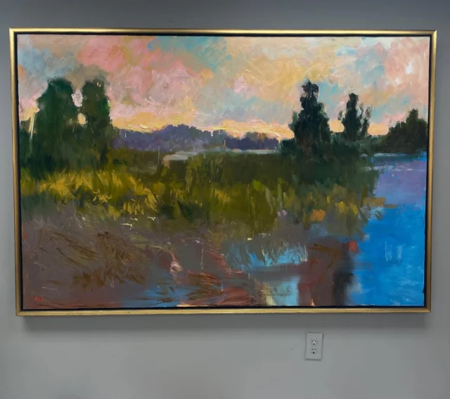 Fabulous abstracted landscape painting for sale by painter, musician and composer Jim Calk, the late husband of @betsy_havens in a beautiful gold float frame.
Oil on canvas, 72x48

#oilpainting #landscape #abstractlandscape #southernartist #goldframe #familyownedbusiness 

DM us for pricing!